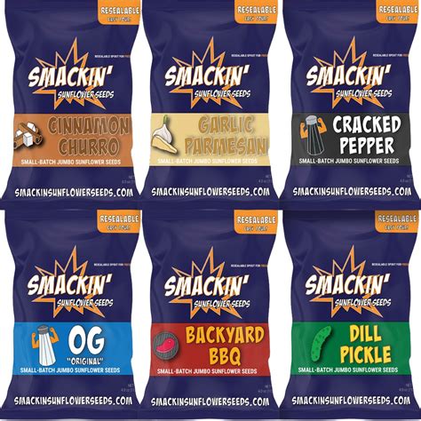 Smackin sunflower seeds - GET SMACKIN': The classic sunflower seed reimagined with bold flavors, jumbo sunflower seeds and no more sandpaper tongue. Every small-batch of hand crafter sunflower seeds is coated in gourmet seasoning and finished with a signature roast. LOW SODIUM: With only 380-540mg of sodium per serving, SMACKIN' won't leave your mouth feeling like ... 